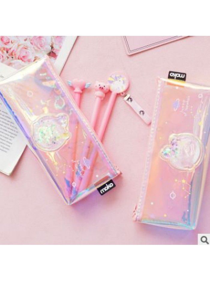 Oil flowing sand one horned whale pen bag transparent PVC large capacity pen bag girl's heart pen bag