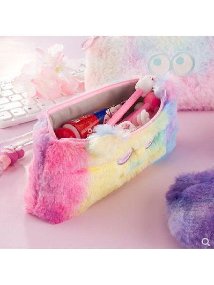 Korean cute little monster gradient Plush pencil case student girl's heart stationery bag large capacity storage bag