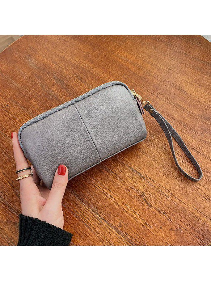 Head leather 2021 new double-layer lady's handbag Long Wallet multi-function litchi leather mobile phone bag