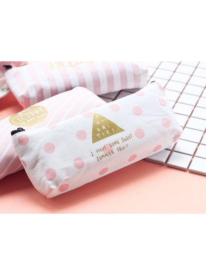 Small fresh crystal powder stripe canvas pencil case Japanese and Korean stationery creative large capacity pencil case for primary and secondary school students