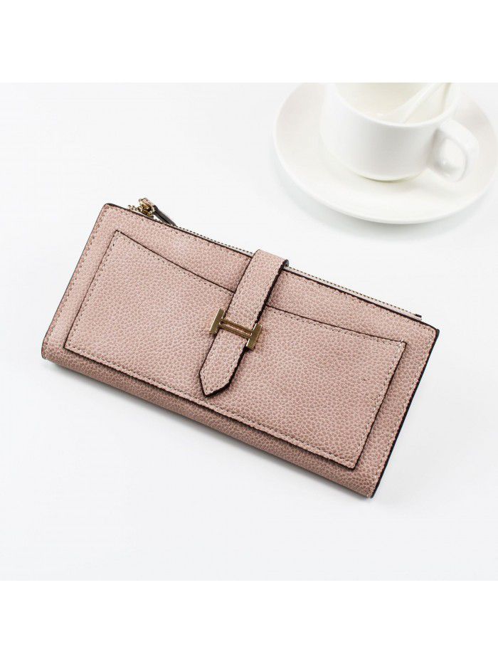 New women's long purse with two color litchi pattern buckle, large capacity hand bag, multi-function zipper mobile phone bag