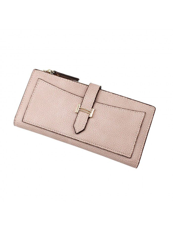 New women's long purse with two color litchi pattern buckle, large capacity hand bag, multi-function zipper mobile phone bag