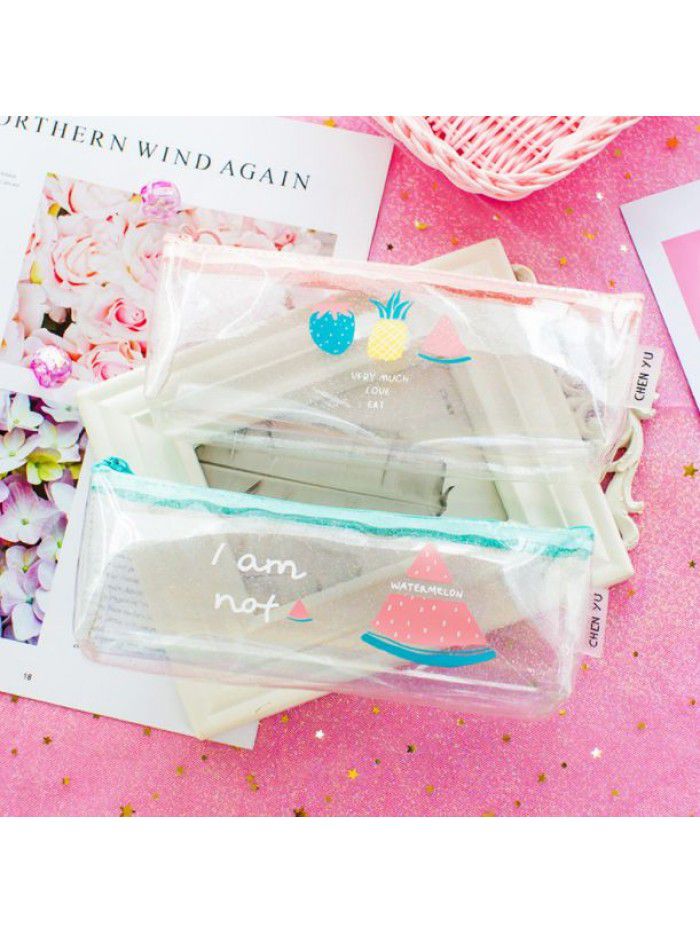 Korean simple girl small fresh fruit laser transparent pencil case large capacity creative cute stationery box for primary school students
