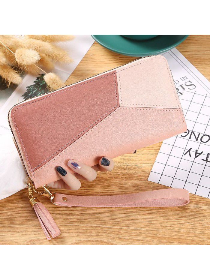 Wholesale cross border color contrast splicing Long Wallet women's hand bag women's fashion Japan and South Korea large capacity zipper wallet bag