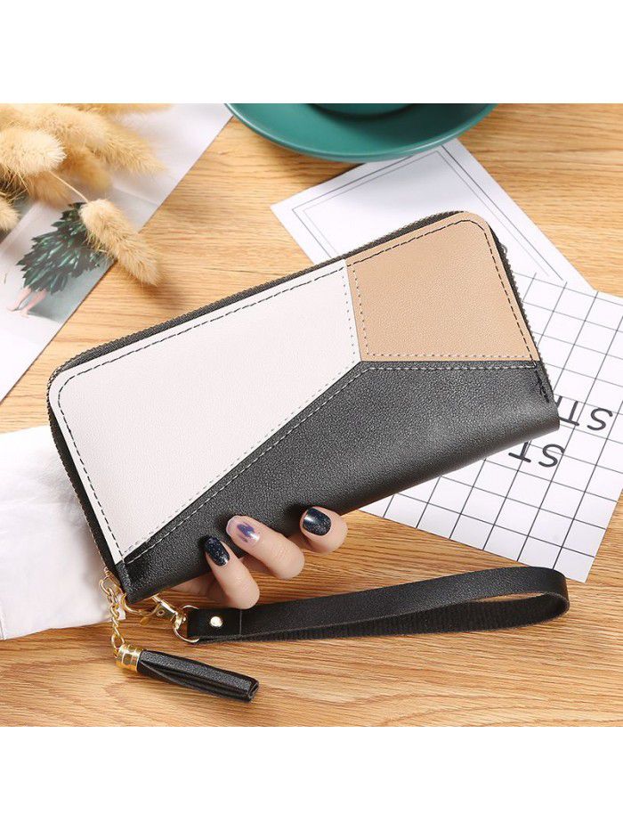 Wholesale cross border color contrast splicing Long Wallet women's hand bag women's fashion Japan and South Korea large capacity zipper wallet bag