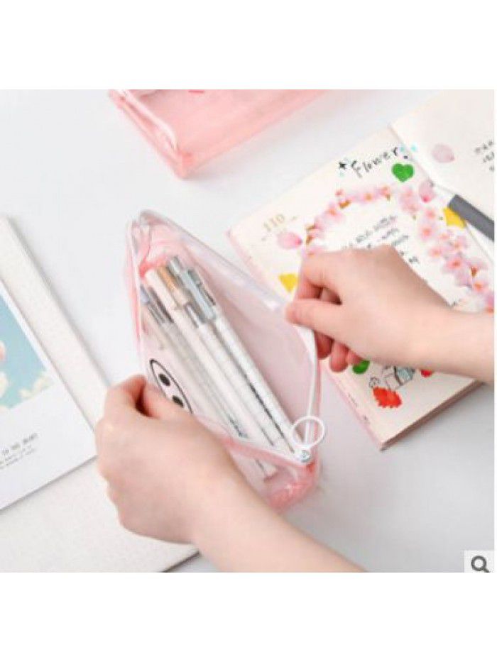 Korean girl heart pig transparent pencil case student girl lovely pink net red stationery bag zipper pencil case