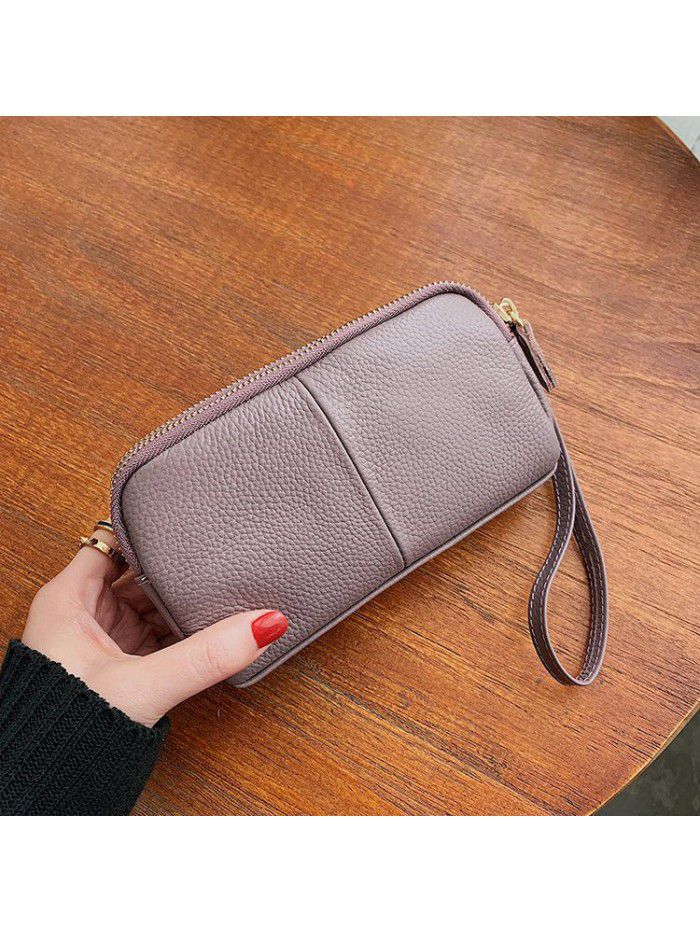 Head leather 2021 new double-layer lady's handbag Long Wallet multi-function litchi leather mobile phone bag