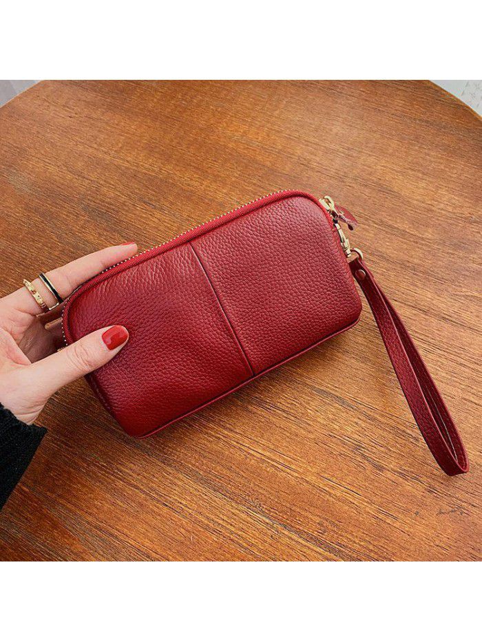 Head leather 2021 new double-layer lady's handbag Long Wallet multi-function litchi leather mobile phone bag