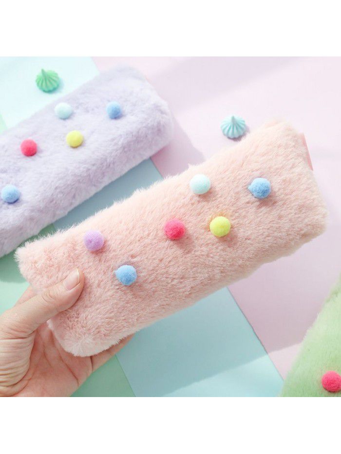 Hair ball pencil case for female simple high school students large capacity pencil case for Japanese middle school students makaron color