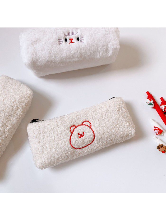 Homemade simple lamb hair smiley face pencil bag with lots of cute stationery storage bag dinotaeng