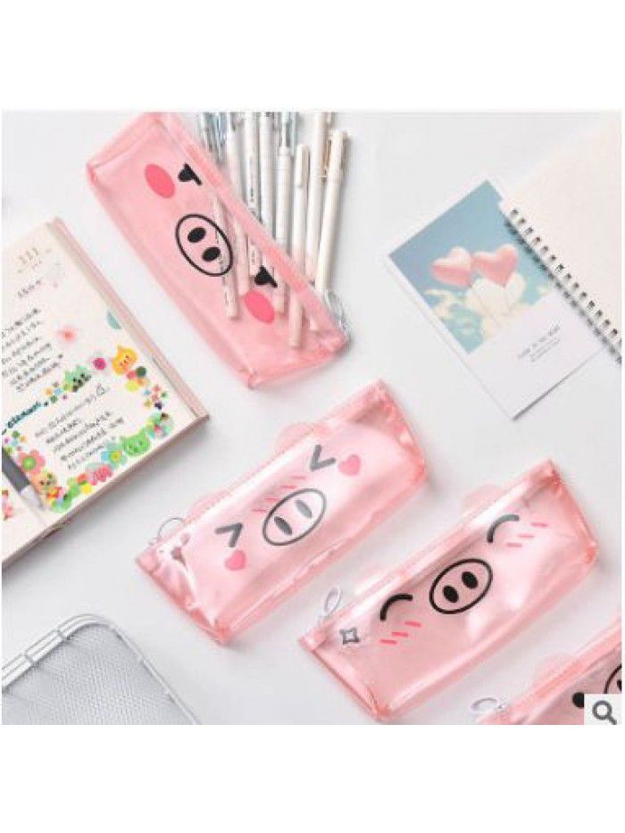 Korean girl heart pig transparent pencil case student girl lovely pink net red stationery bag zipper pencil case