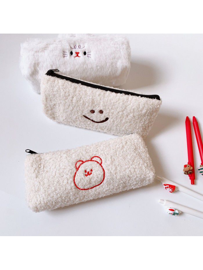 Homemade simple lamb hair smiley face pencil bag with lots of cute stationery storage bag dinotaeng
