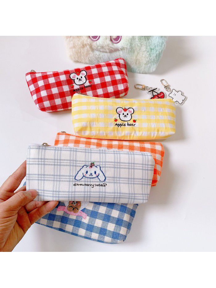 Lovely canvas lattice embroidery pencil bag girls Korean simple stationery bag cartoon student pencil bag storage