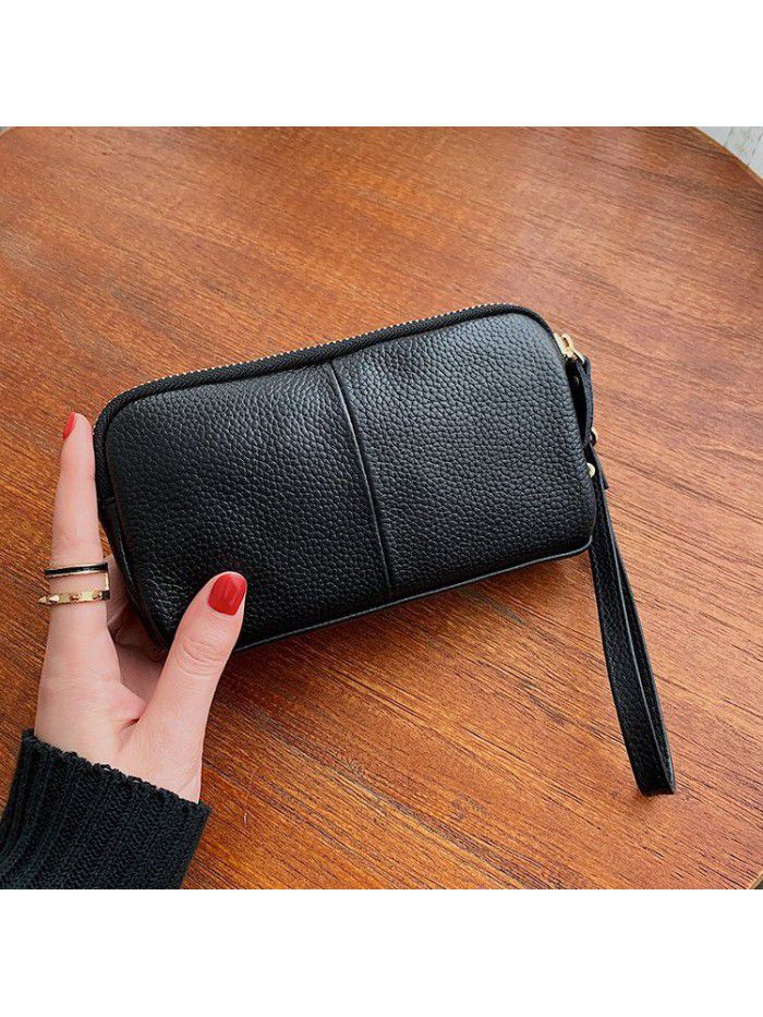 Head leather 2021 new double-layer lady's handbag Long Wallet multi-function litchi leather mobile phone bag