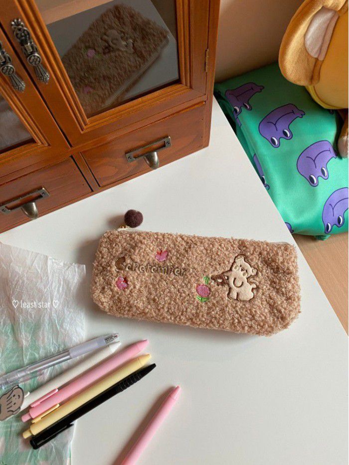 Cartoon cute bear embroidered Plush pencil case large capacity triangle pencil case student zipper pencil case stationery bag