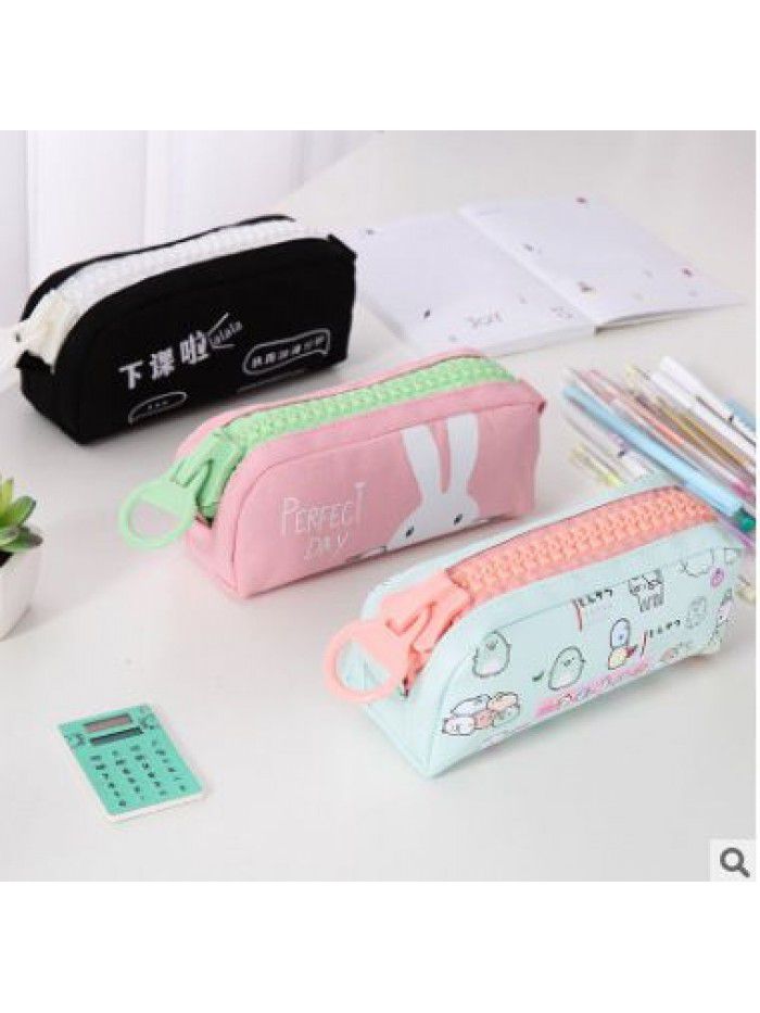 Large capacity zipper pencil bag cute girl simple canvas Japanese stationery bag male junior high school students storage stationery bag