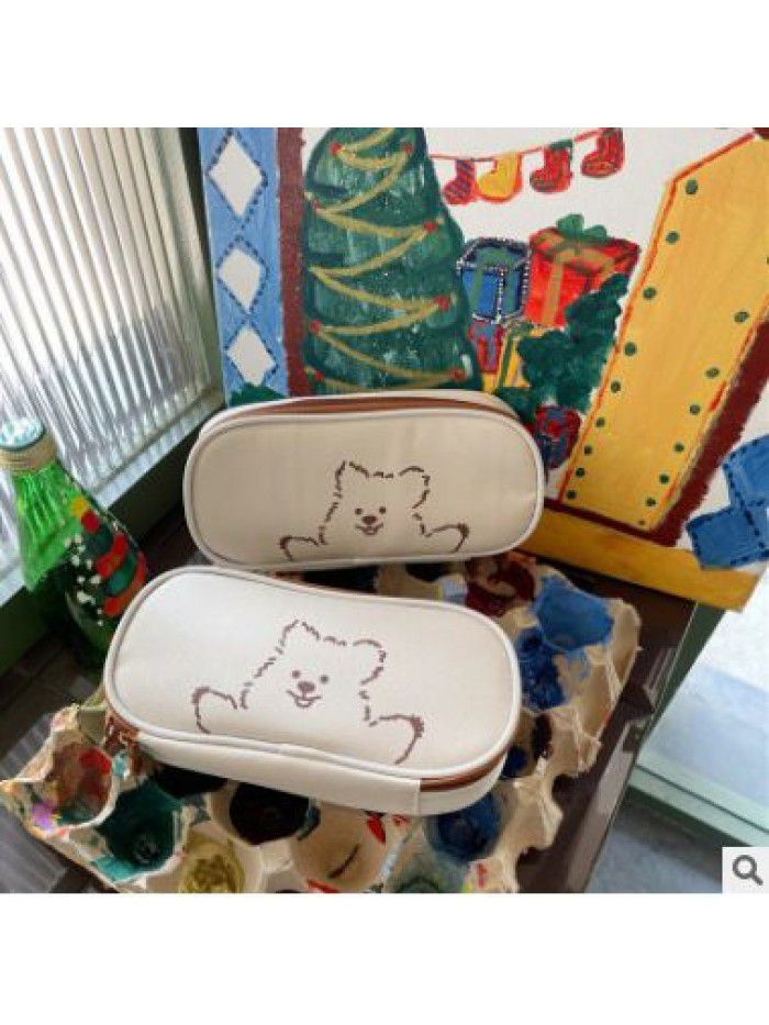 Korea ins high value student canvas pencil case cute bear large capacity stationery pencil case multi function storage bag