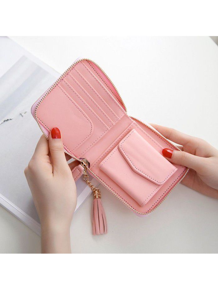 Cross border popular Japanese women's short wallet student square tassel small wallet women's zipper zero wallet