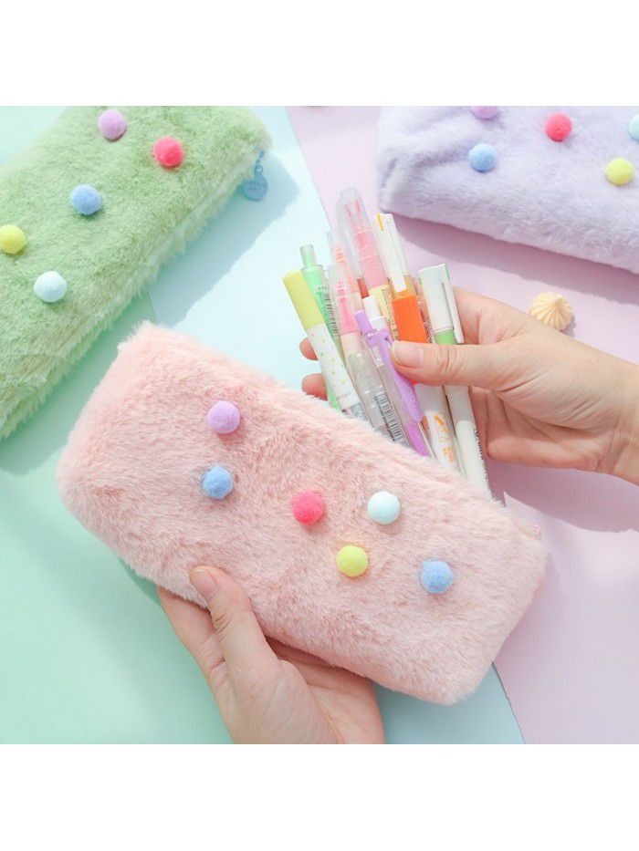 Hair ball pencil case for female simple high school students large capacity pencil case for Japanese middle school students makaron color