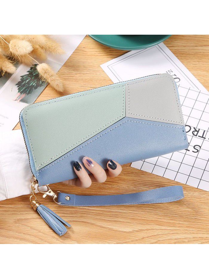 Wholesale cross border color contrast splicing Long Wallet women's hand bag women's fashion Japan and South Korea large capacity zipper wallet bag