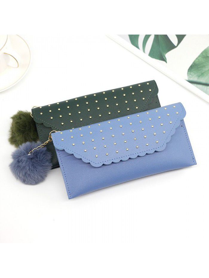 Women's long purse rivet solid color hair ball zero purse women's hand bag card bag