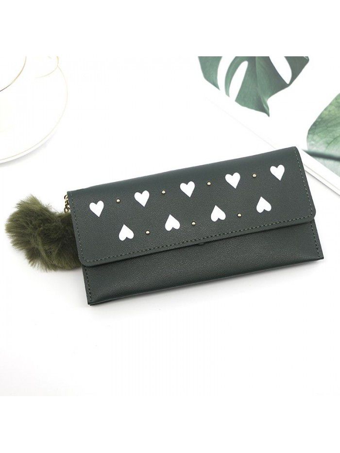 Women's long purse rivet solid color hair ball zero purse women's hand bag card bag