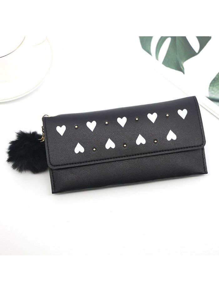 Women's long purse rivet solid color hair ball zero purse women's hand bag card bag