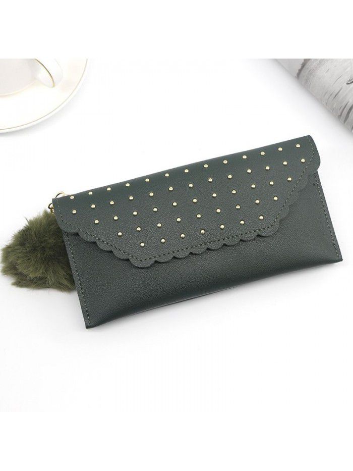 Women's long purse rivet solid color hair ball zero purse women's hand bag card bag