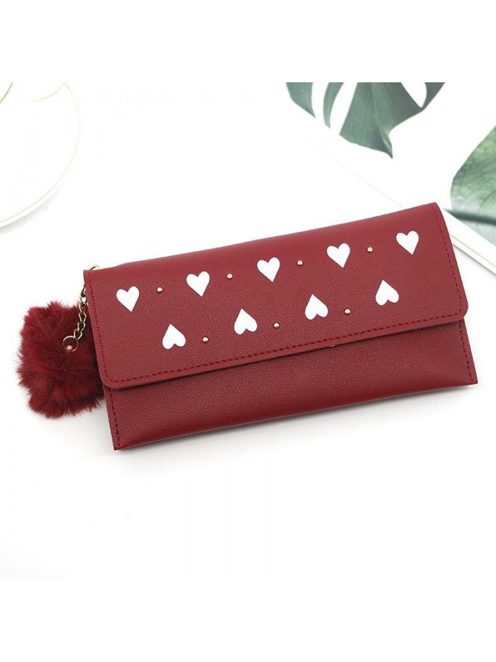 Women's long purse rivet solid color hair ball zero purse women's hand bag card bag