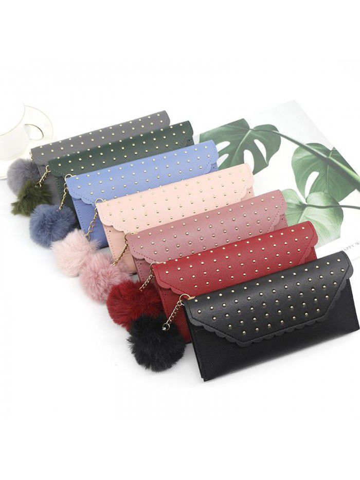 Women's long purse rivet solid color hair ball zero purse women's hand bag card bag