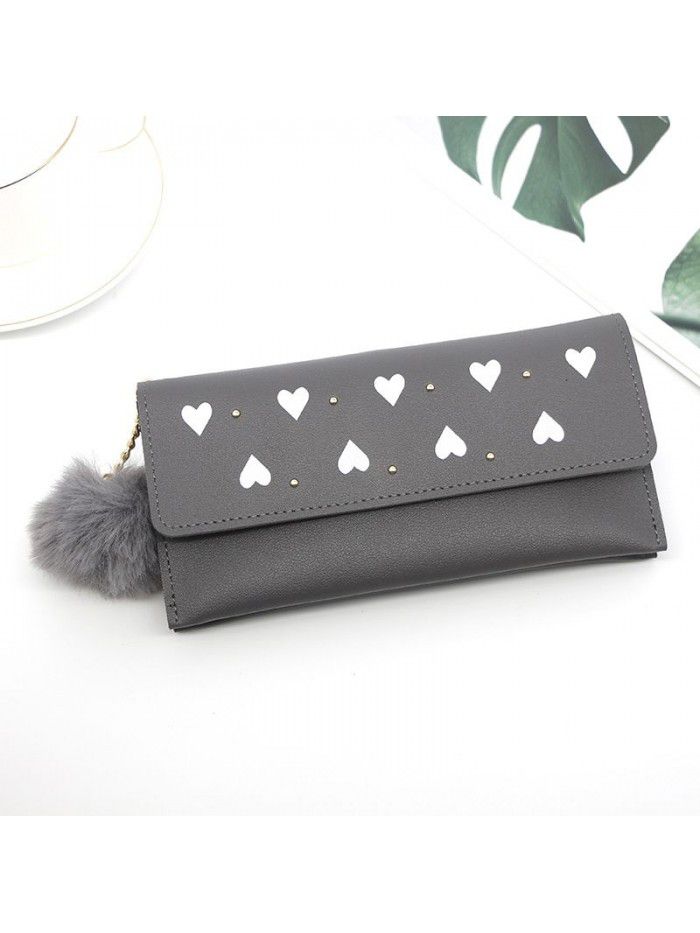 Women's long purse rivet solid color hair ball zero purse women's hand bag card bag