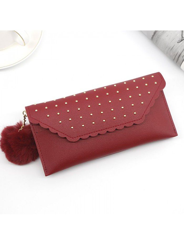 Women's long purse rivet solid color hair ball zero purse women's hand bag card bag