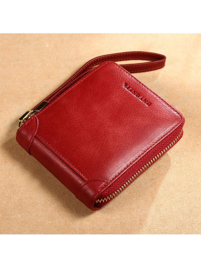 New women's short wallet women's head leather zipper retro wallet horizontal portable belt multi-function Wallet