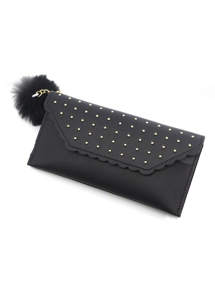 Women's long purse rivet solid color hair ball zero purse women's hand bag card bag