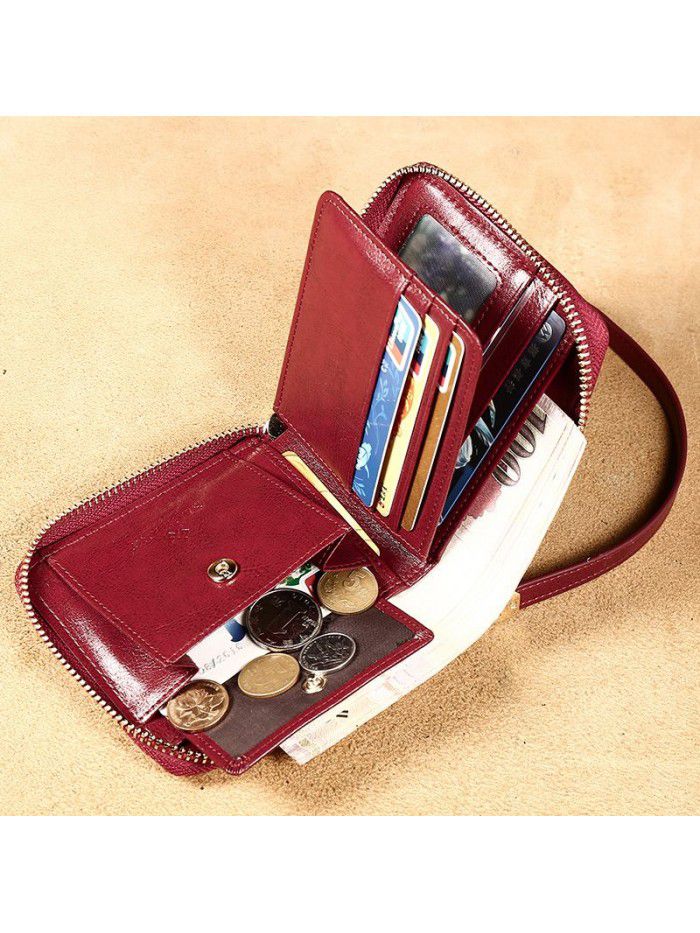 New women's short wallet women's head leather zipper retro wallet horizontal portable belt multi-function Wallet