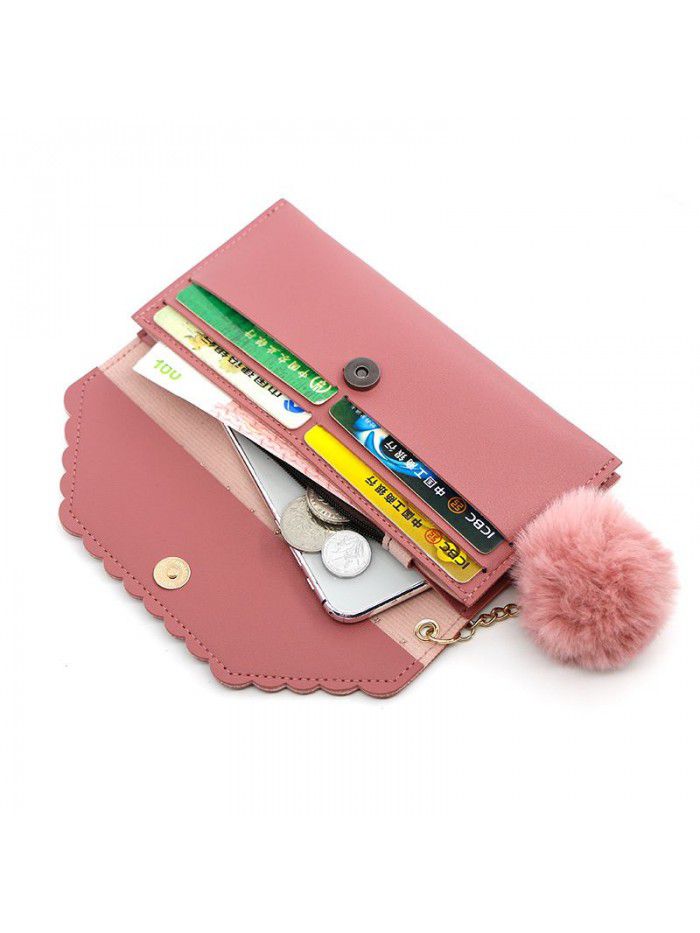 Women's long purse rivet solid color hair ball zero purse women's hand bag card bag