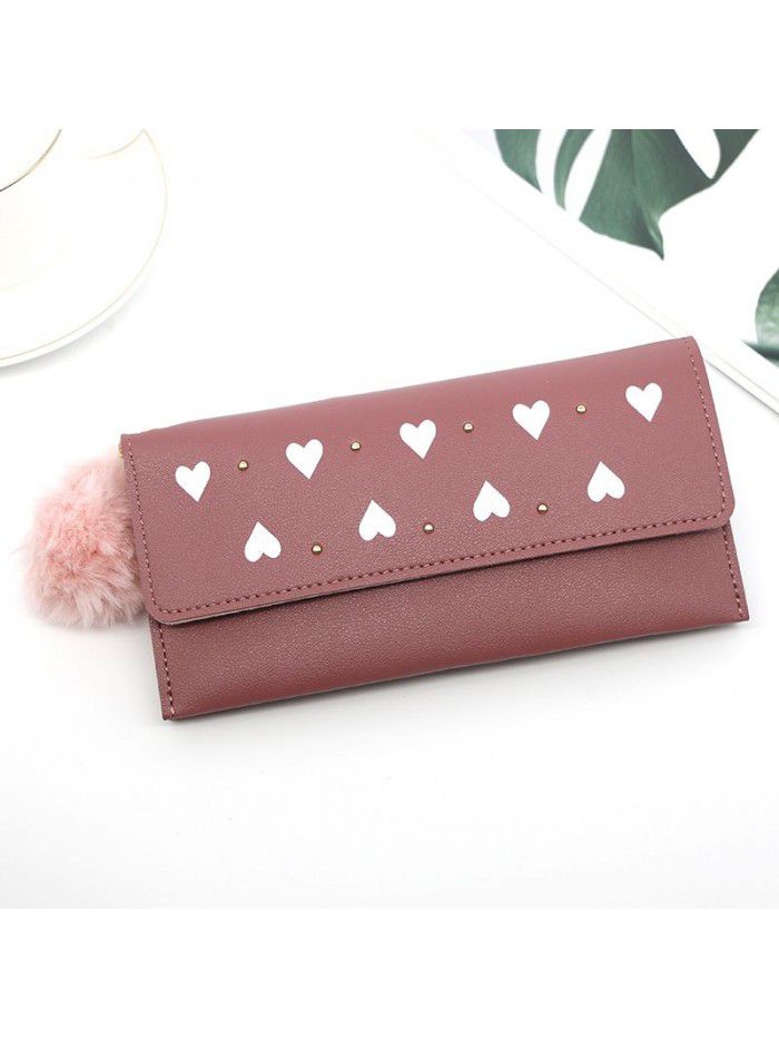 Women's long purse rivet solid color hair ball zero purse women's hand bag card bag