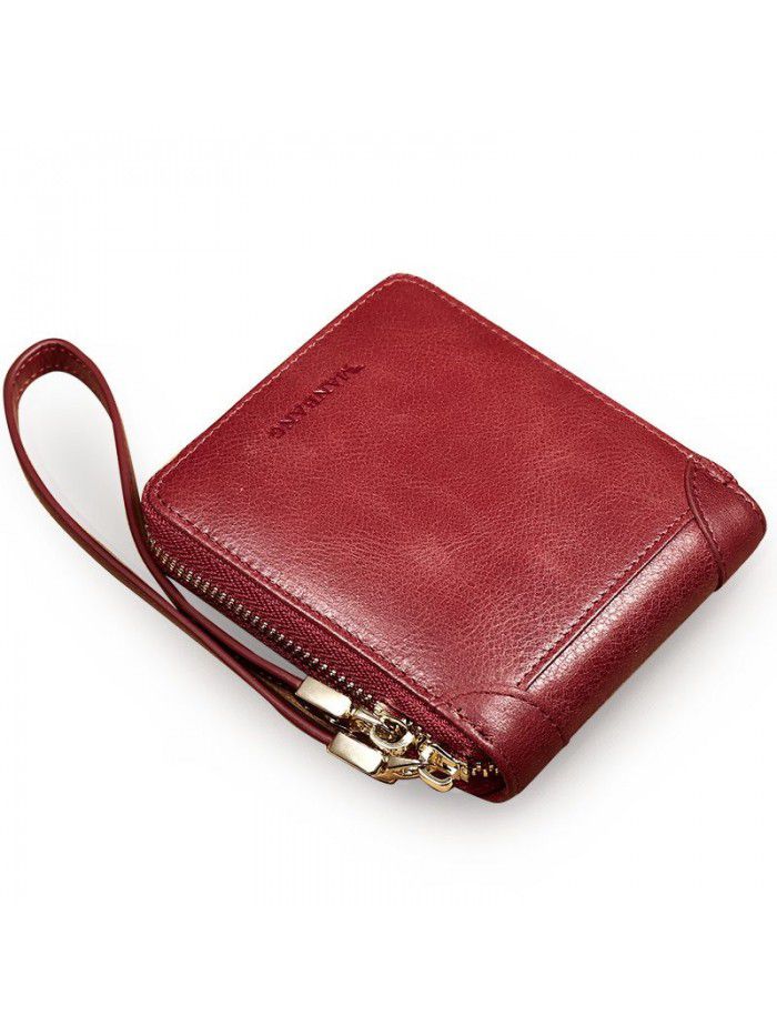 New women's short wallet women's head leather zipper retro wallet horizontal portable belt multi-function Wallet