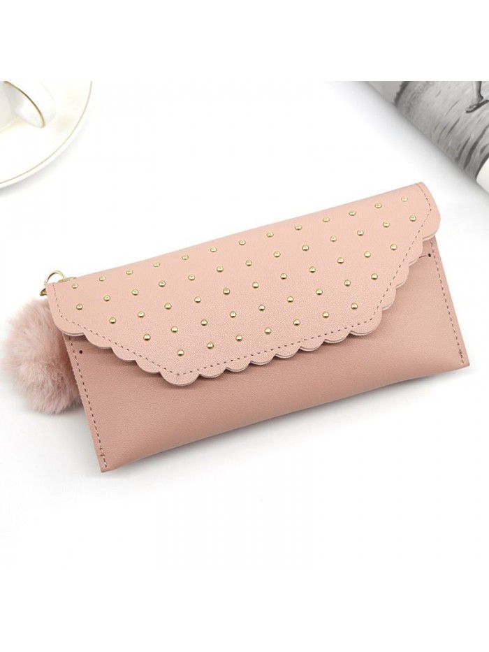 Women's long purse rivet solid color hair ball zero purse women's hand bag card bag