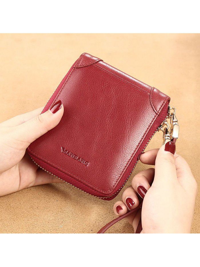 New women's short wallet women's head leather zipper retro wallet horizontal portable belt multi-function Wallet