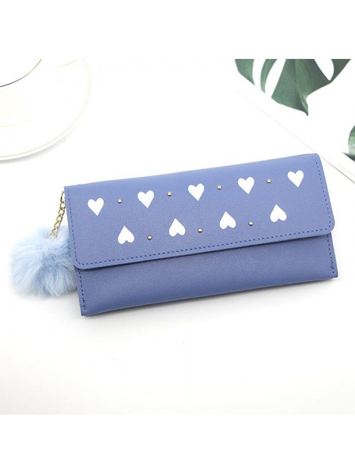 Women's long purse rivet solid color hair ball zero purse women's hand bag card bag