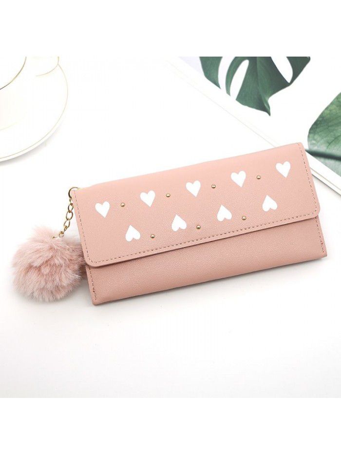 Women's long purse rivet solid color hair ball zero purse women's hand bag card bag