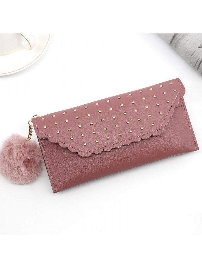 Women's long purse rivet solid color hair ball zero purse women's hand bag card bag