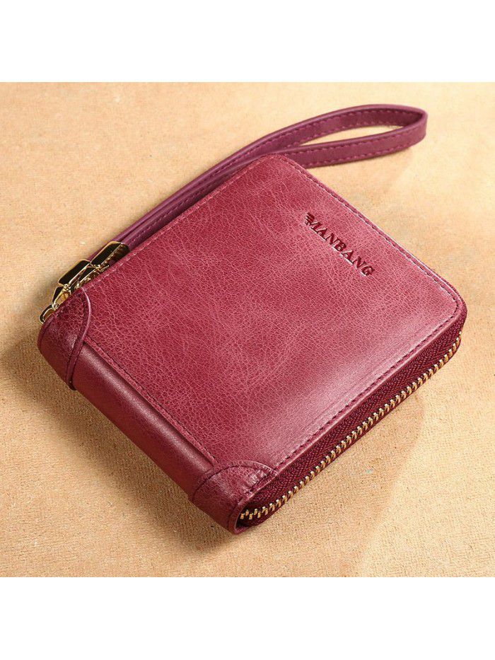 New women's short wallet women's head leather zipper retro wallet horizontal portable belt multi-function Wallet