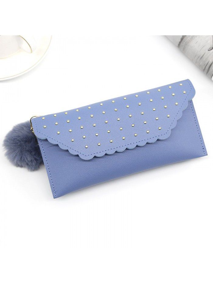 Women's long purse rivet solid color hair ball zero purse women's hand bag card bag