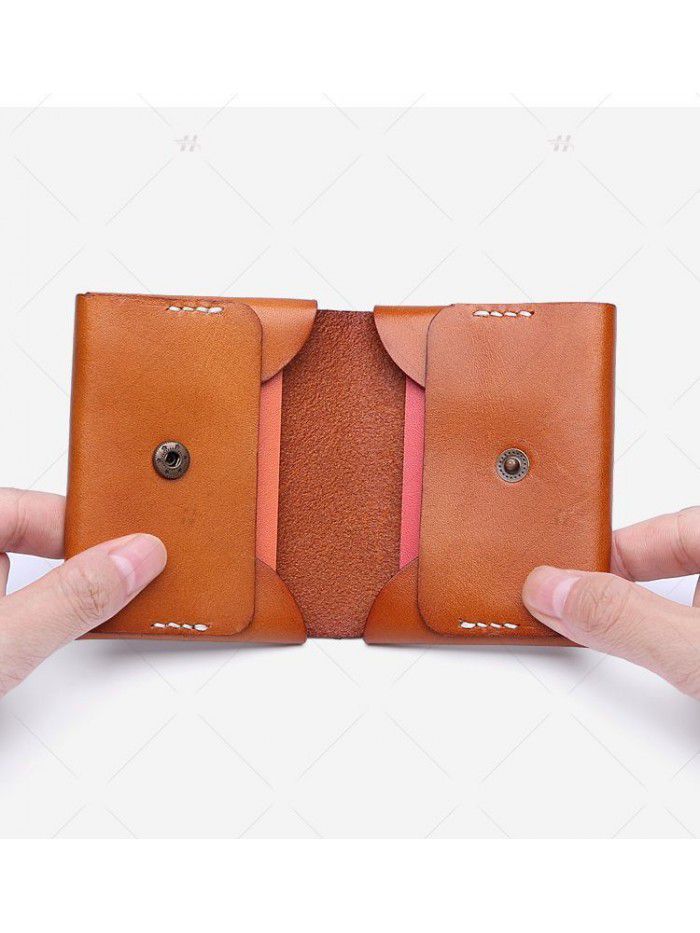 Unisex simple brown handmade name card genuine leather credit card holder lady and men wallet 